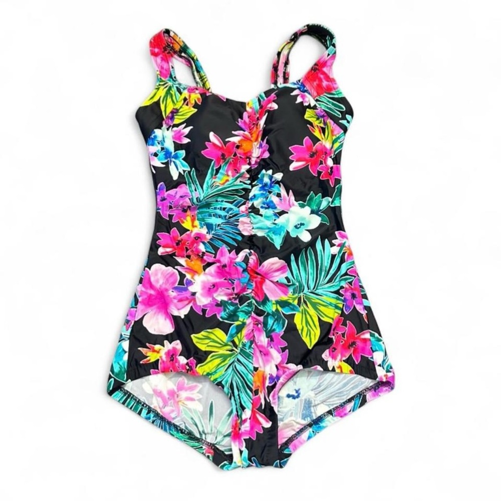Maxine of Hollywood Floral One Piece Swimsuit - Black, Pink, Green. Size 10